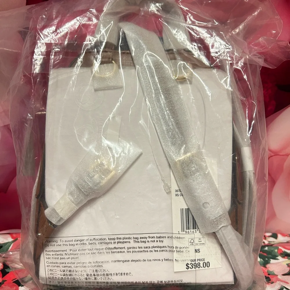 Michael Kors Brown and White Monogram Mini Backpack with Tan Trim - Picture 5 of 7